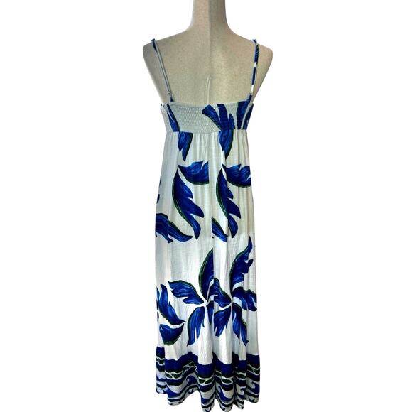 Label of Love Linen Blend Maxi Dress Blue White Tropical Sz Medium Summer Beachy - Picture 4 of 8